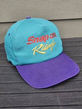 Vintage Snap-On Racing Snapback Hat Cap Teal W Neon 90’s Tools Adjustable EUC